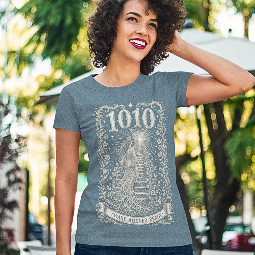1010 T-Shirt Indigo Blue sacred yoga shirt outdoors among trees — Dark Sacred Stillness collection by Ramro Yoga Wear