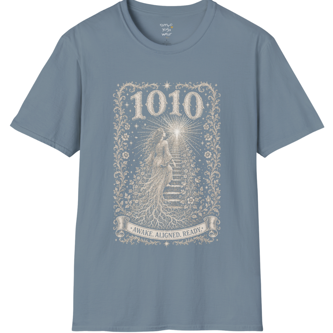 1010 T-Shirt with ascending stairway of light design — Dark Sacred Stillness collection by Ramro Yoga Wear in Stone Blue