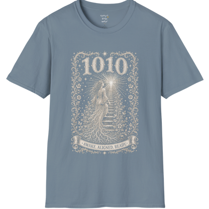 1010 T-Shirt with ascending stairway of light design — Dark Sacred Stillness collection by Ramro Yoga Wear in Stone Blue