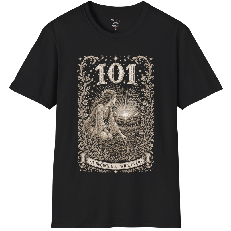 Woman kneeling at sunrise planting a seed with radiant sky engraving design — Dark Sacred Stillness collection by Ramro Yoga Wear