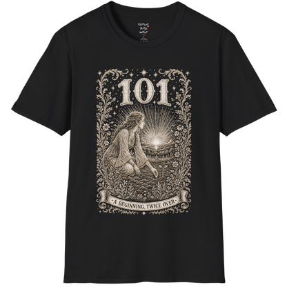 Woman kneeling at sunrise planting a seed with radiant sky engraving design — Dark Sacred Stillness collection by Ramro Yoga Wear