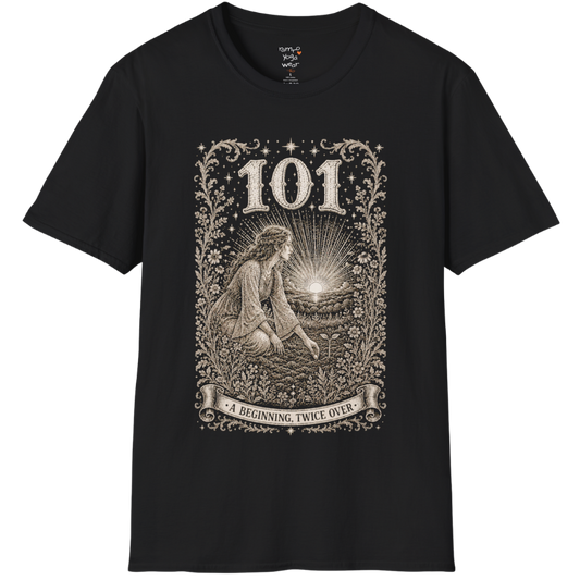 Woman kneeling at sunrise planting a seed with radiant sky engraving design — Dark Sacred Stillness collection by Ramro Yoga Wear