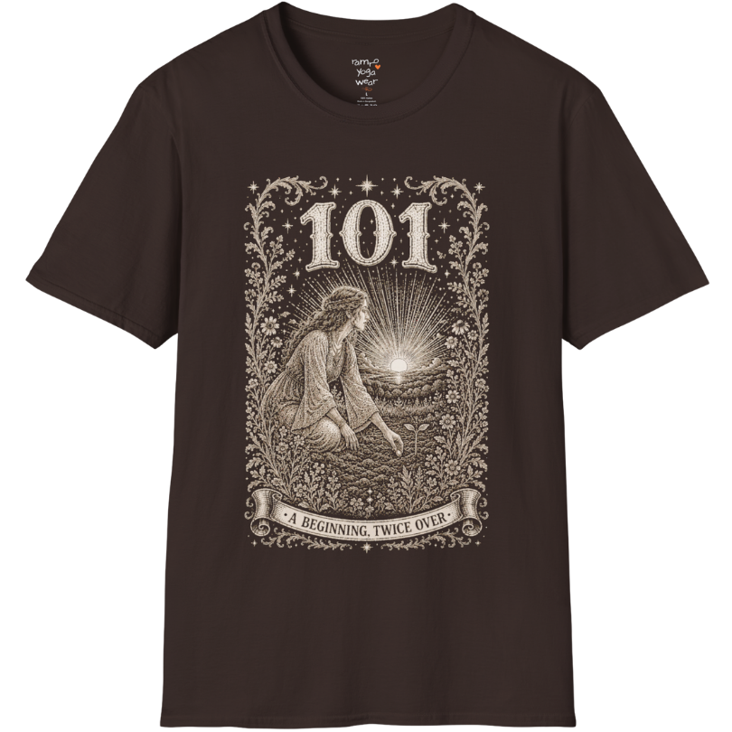 Woman kneeling at sunrise planting a seed with radiant sky engraving design — Dark Sacred Stillness collection by Ramro Yoga Wear