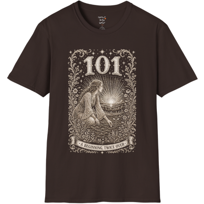 Woman kneeling at sunrise planting a seed with radiant sky engraving design — Dark Sacred Stillness collection by Ramro Yoga Wear