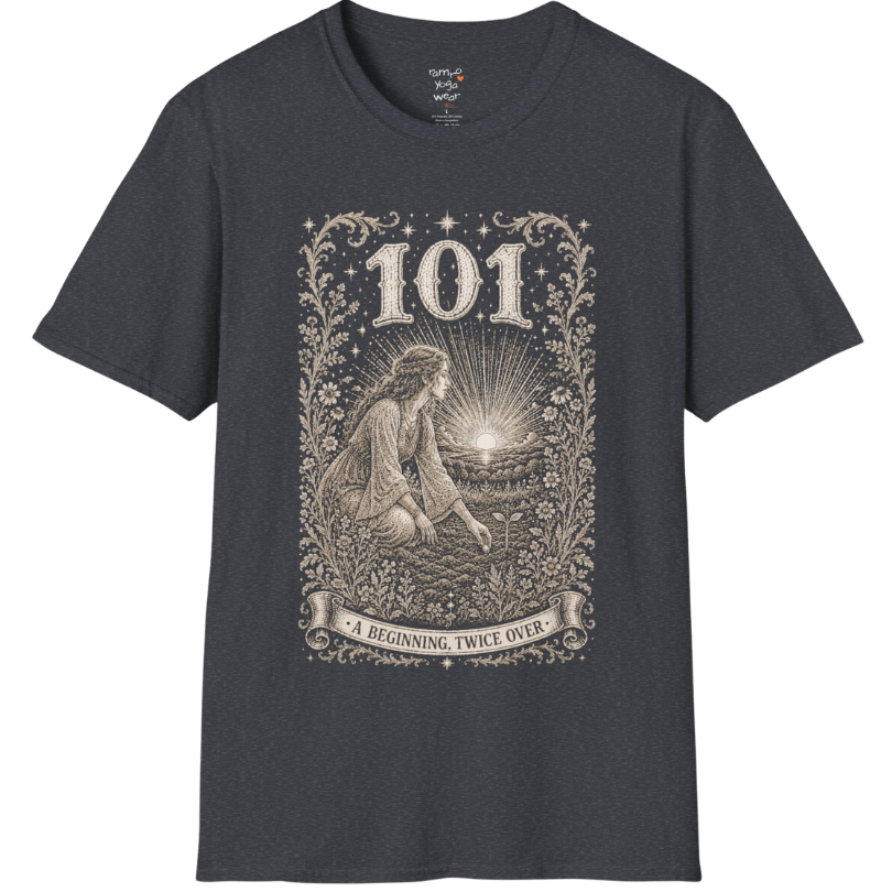 Woman kneeling at sunrise planting a seed with radiant sky engraving design — Dark Sacred Stillness collection by Ramro Yoga Wear