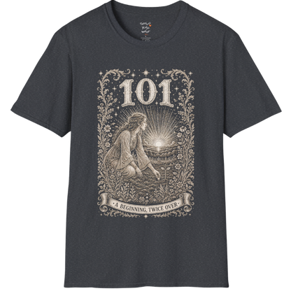 Woman kneeling at sunrise planting a seed with radiant sky engraving design — Dark Sacred Stillness collection by Ramro Yoga Wear