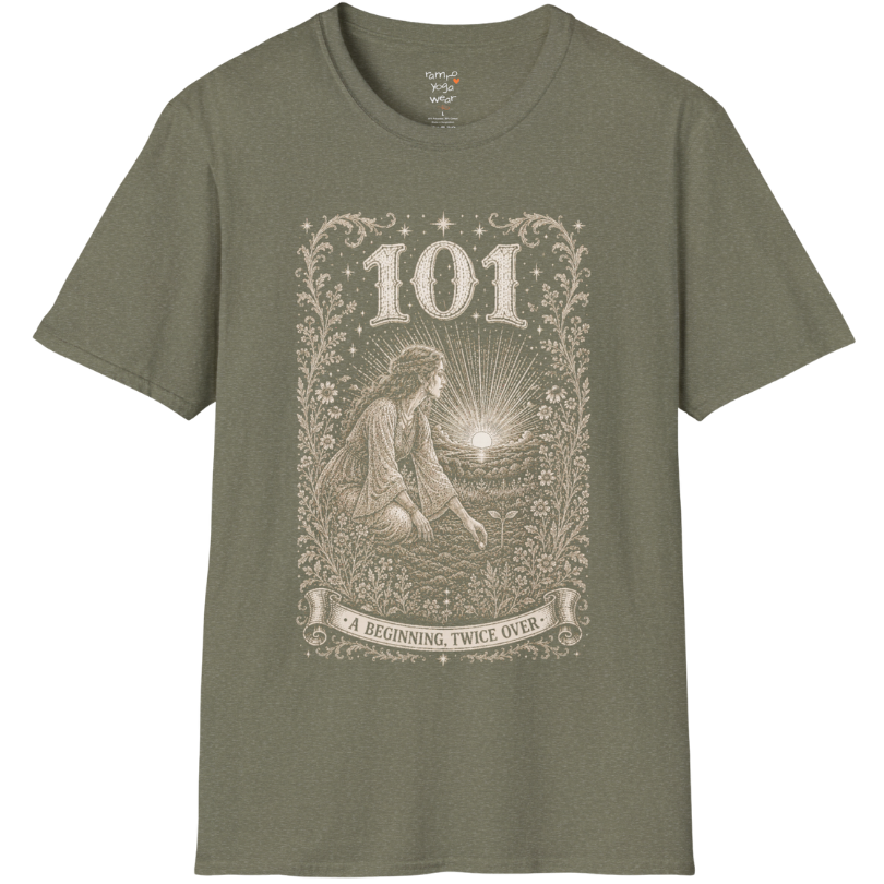 Woman kneeling at sunrise planting a seed with radiant sky engraving design — Dark Sacred Stillness collection by Ramro Yoga Wear
