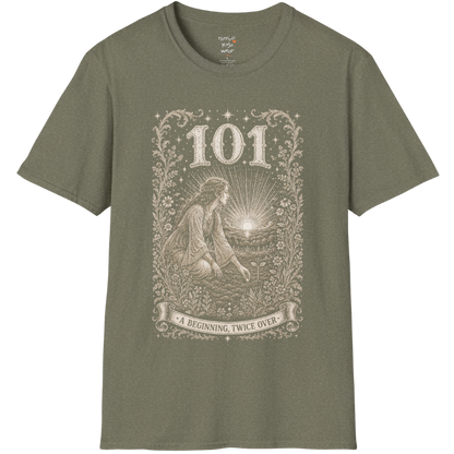 Woman kneeling at sunrise planting a seed with radiant sky engraving design — Dark Sacred Stillness collection by Ramro Yoga Wear