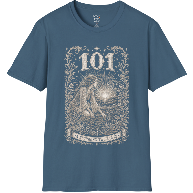 Woman kneeling at sunrise planting a seed with radiant sky engraving design — Dark Sacred Stillness collection by Ramro Yoga Wear