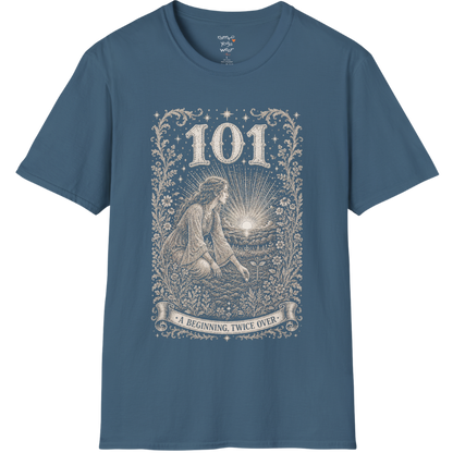 Woman kneeling at sunrise planting a seed with radiant sky engraving design — Dark Sacred Stillness collection by Ramro Yoga Wear