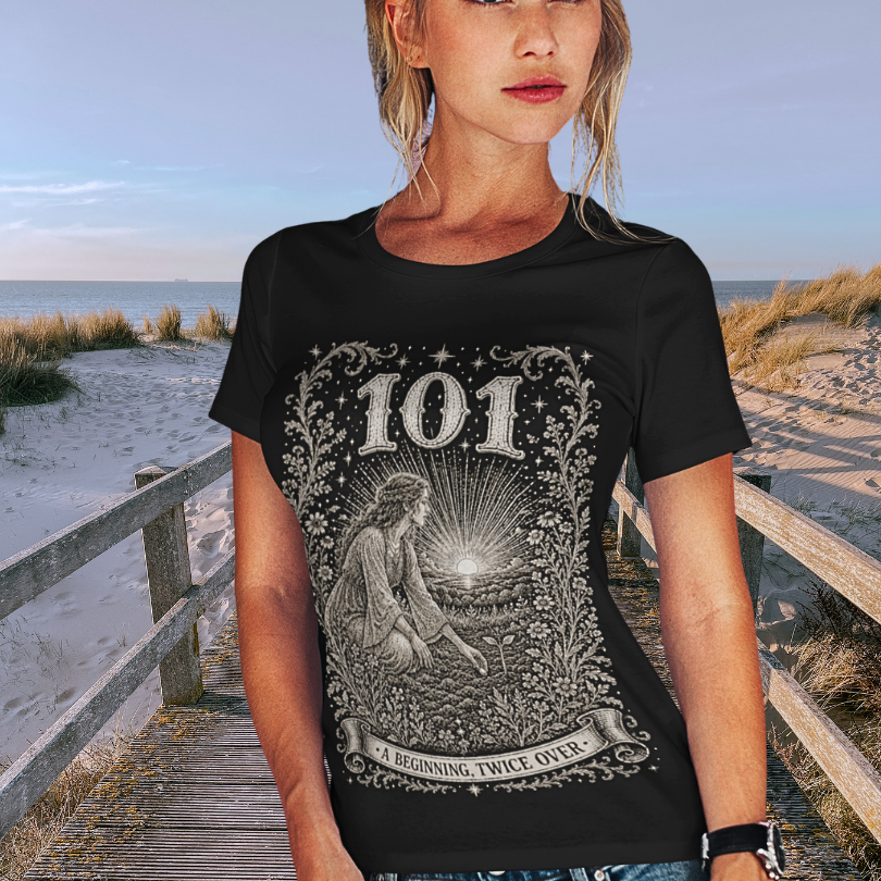 Woman wearing 101 black sacred yoga shirt on a beach boardwalk — Dark Sacred Stillness collection by Ramro Yoga Wear