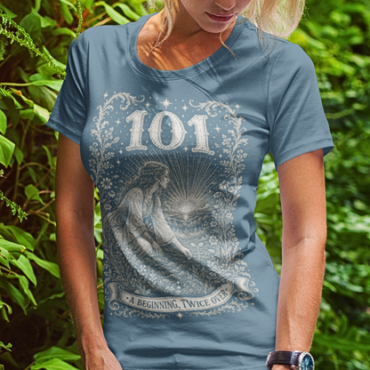 Woman wearing 101 Indigo Blue sacred yoga shirt in a garden — Dark Sacred Stillness collection by Ramro Yoga Wear