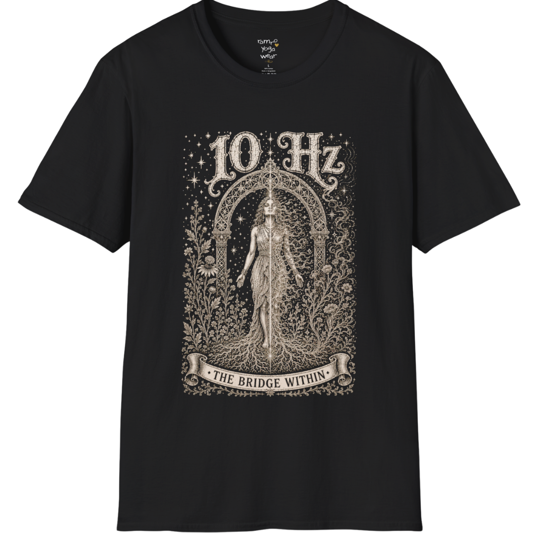10 Hz T-Shirt with mirrored figure standing beneath archway design — Dark Sacred Stillness collection by Ramro Yoga Wear in Black