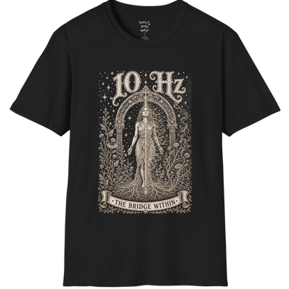 10 Hz T-Shirt with mirrored figure standing beneath archway design — Dark Sacred Stillness collection by Ramro Yoga Wear in Black
