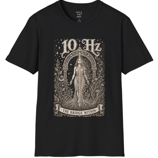 10 Hz T-Shirt with mirrored figure standing beneath archway design — Dark Sacred Stillness collection by Ramro Yoga Wear in Black