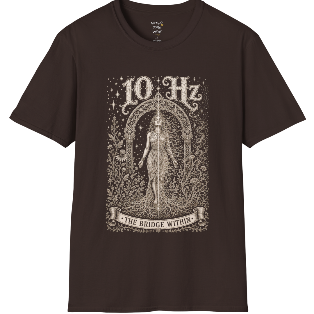 10 Hz T-Shirt with mirrored figure standing beneath archway design — Dark Sacred Stillness collection by Ramro Yoga Wear in Dark Chocolate