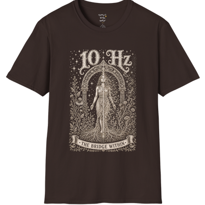 10 Hz T-Shirt with mirrored figure standing beneath archway design — Dark Sacred Stillness collection by Ramro Yoga Wear in Dark Chocolate
