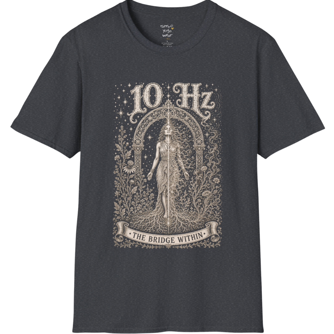 10 Hz T-Shirt with mirrored figure standing beneath archway design — Dark Sacred Stillness collection by Ramro Yoga Wear in Dark Heather Grey