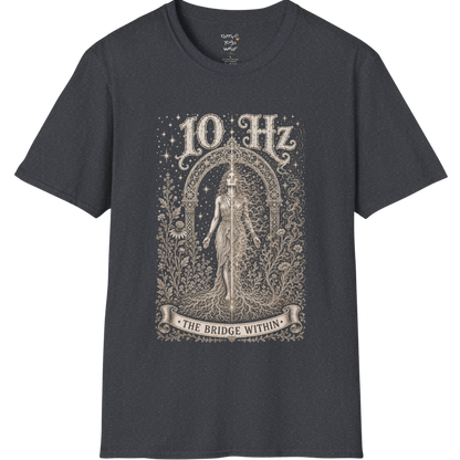 10 Hz T-Shirt with mirrored figure standing beneath archway design — Dark Sacred Stillness collection by Ramro Yoga Wear in Dark Heather Grey