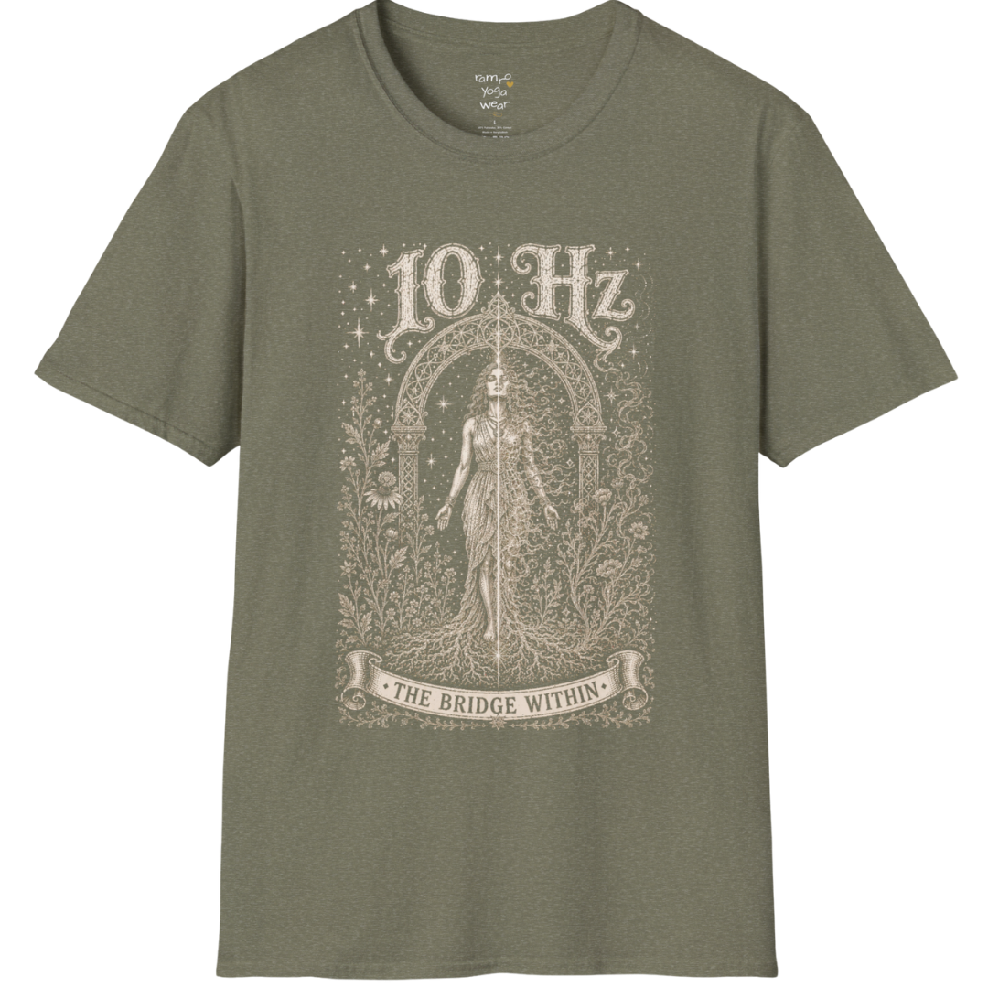 10 Hz T-Shirt with mirrored figure standing beneath archway design — Dark Sacred Stillness collection by Ramro Yoga Wear in Heather Military Green