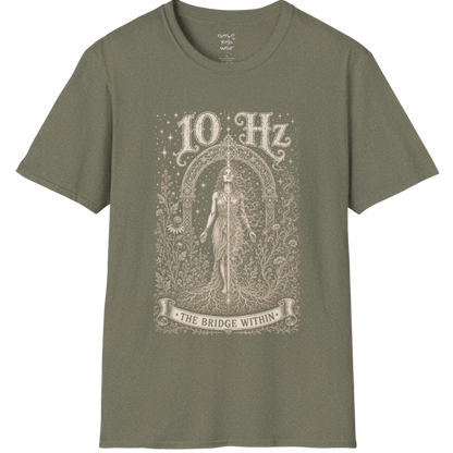 10 Hz T-Shirt with mirrored figure standing beneath archway design — Dark Sacred Stillness collection by Ramro Yoga Wear in Heather Military Green