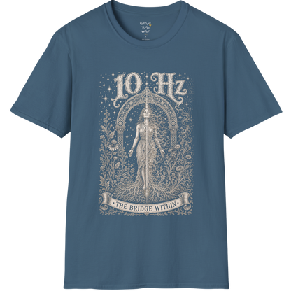 10 Hz T-Shirt with mirrored figure standing beneath archway design — Dark Sacred Stillness collection by Ramro Yoga Wear in Indigo Blue