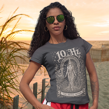 10 Hz T-Shirt Dark Heather Grey sacred yoga shirt at the beach at sunset — Dark Sacred Stillness collection by Ramro Yoga Wear