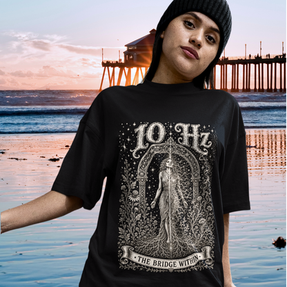 10 Hz T-Shirt black sacred yoga shirt at the pier at dusk — Dark Sacred Stillness collection by Ramro Yoga Wear