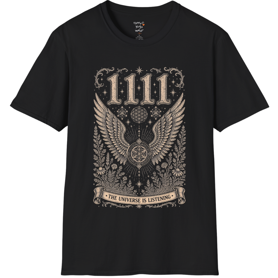 1111 angel wings sacred geometry mandala botanical engraving design — Dark Sacred Stillness collection by Ramro Yoga Wear in Black