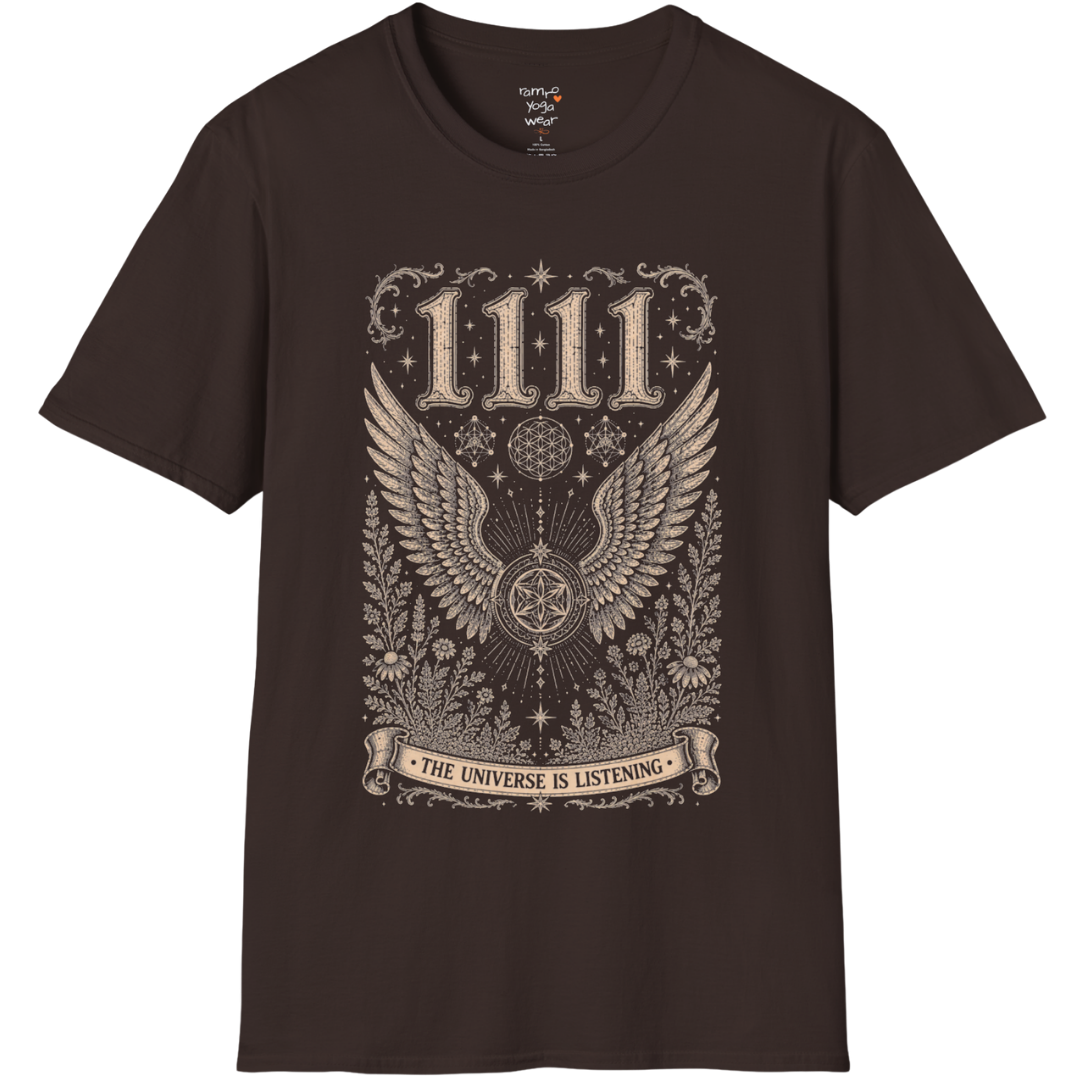1111 angel wings sacred geometry mandala botanical engraving design — Dark Sacred Stillness collection by Ramro Yoga Wear in Dark Chocolate