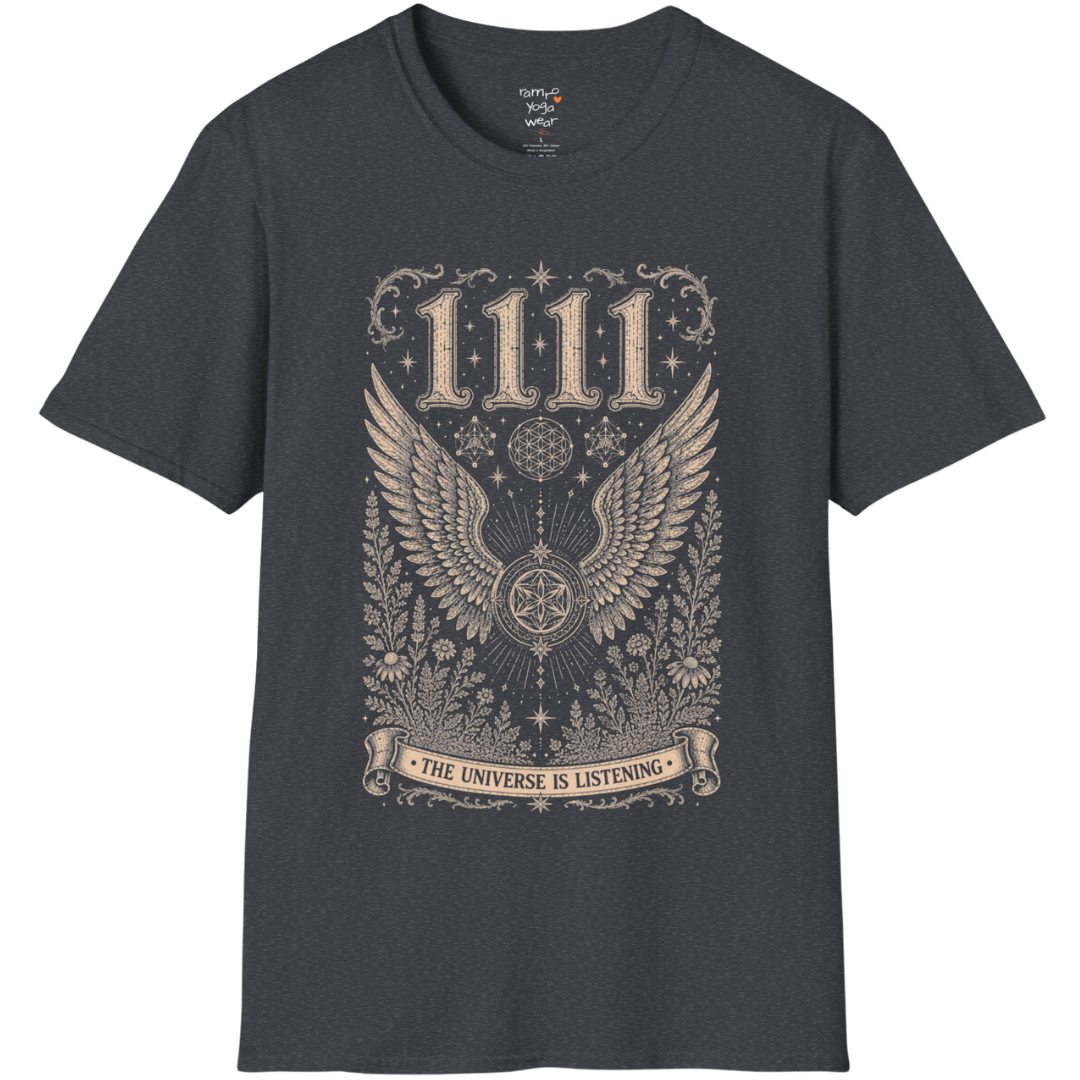 1111 angel wings sacred geometry mandala botanical engraving design — Dark Sacred Stillness collection by Ramro Yoga Wear in Dark Heather Grey