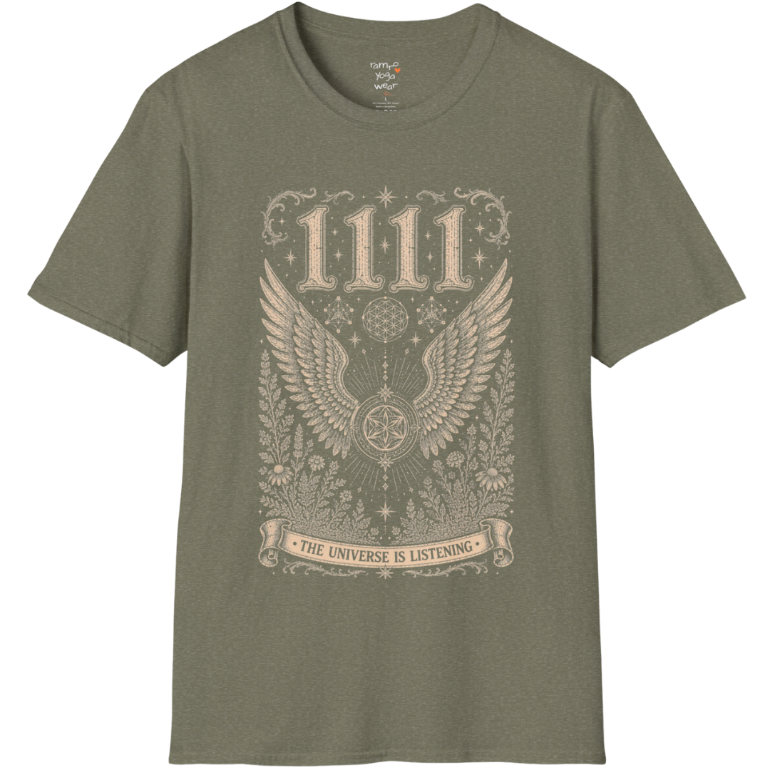 1111 angel wings sacred geometry mandala botanical engraving design — Dark Sacred Stillness collection by Ramro Yoga Wear in Heather Military Green.