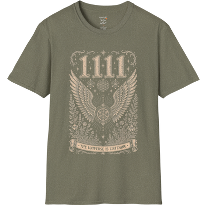 1111 angel wings sacred geometry mandala botanical engraving design — Dark Sacred Stillness collection by Ramro Yoga Wear in Heather Military Green.