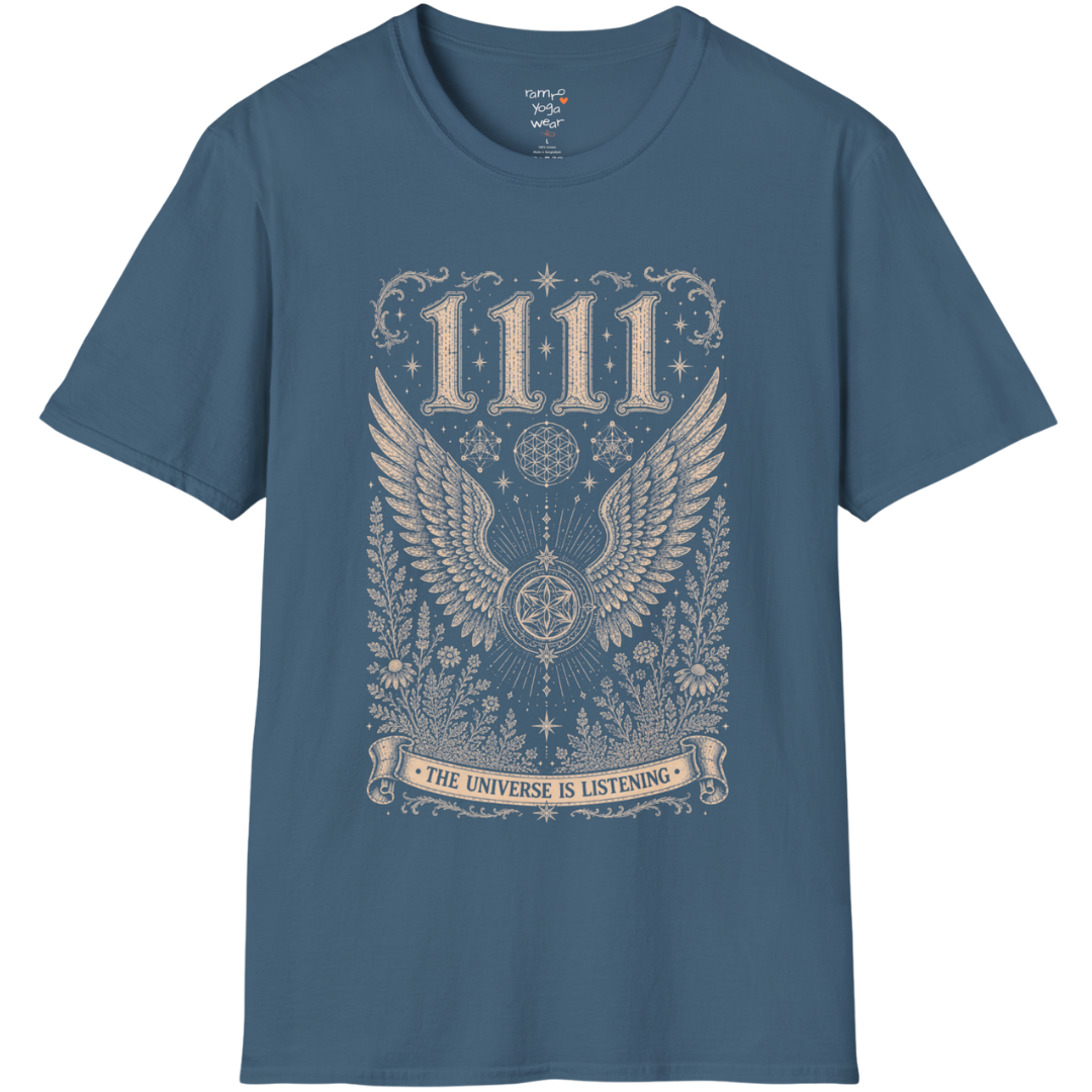 1111 angel wings sacred geometry mandala botanical engraving design — Dark Sacred Stillness collection by Ramro Yoga Wear in Indigo Blue