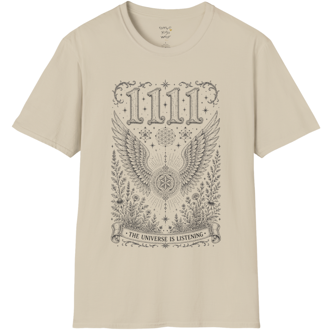 1111 angel wings sacred geometry mandala botanical engraving design — Dark Sacred Stillness collection by Ramro Yoga Wear in Sand