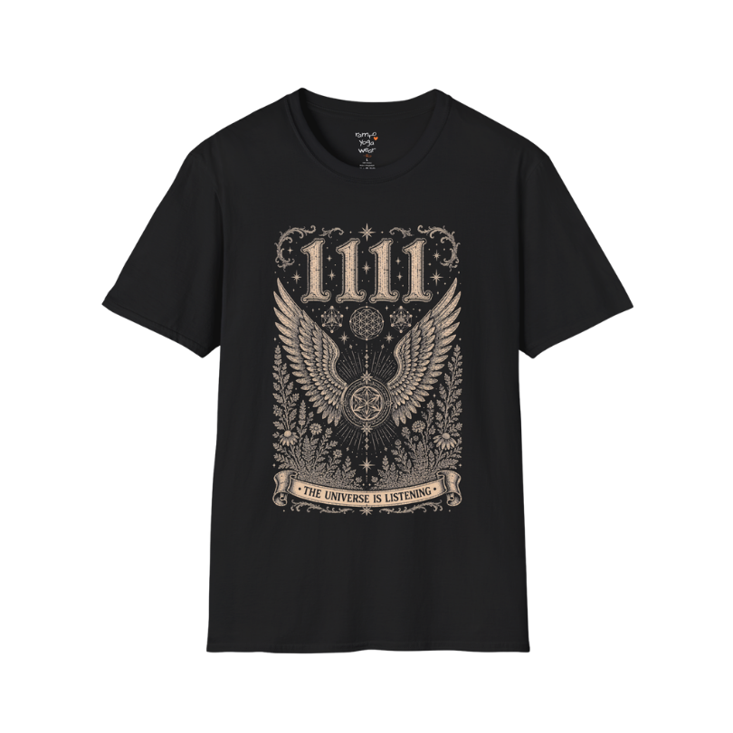 1111 angel wings sacred geometry mandala botanical engraving design — Dark Sacred Stillness collection by Ramro Yoga Wear in Black