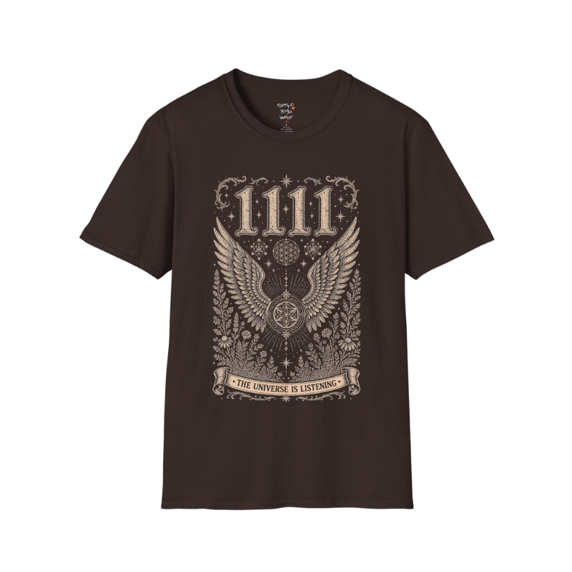 1111 angel wings sacred geometry mandala botanical engraving design — Dark Sacred Stillness collection by Ramro Yoga Wear in Dark Chocolate