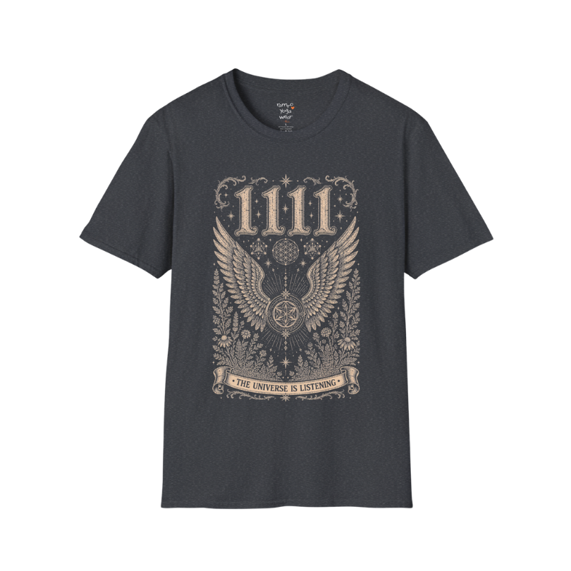1111 angel wings sacred geometry mandala botanical engraving design — Dark Sacred Stillness collection by Ramro Yoga Wear in Dark Heather Grey