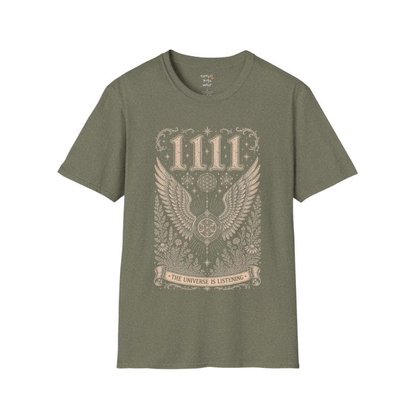1111 angel wings sacred geometry mandala botanical engraving design — Dark Sacred Stillness collection by Ramro Yoga Wear in Heather Military Green.