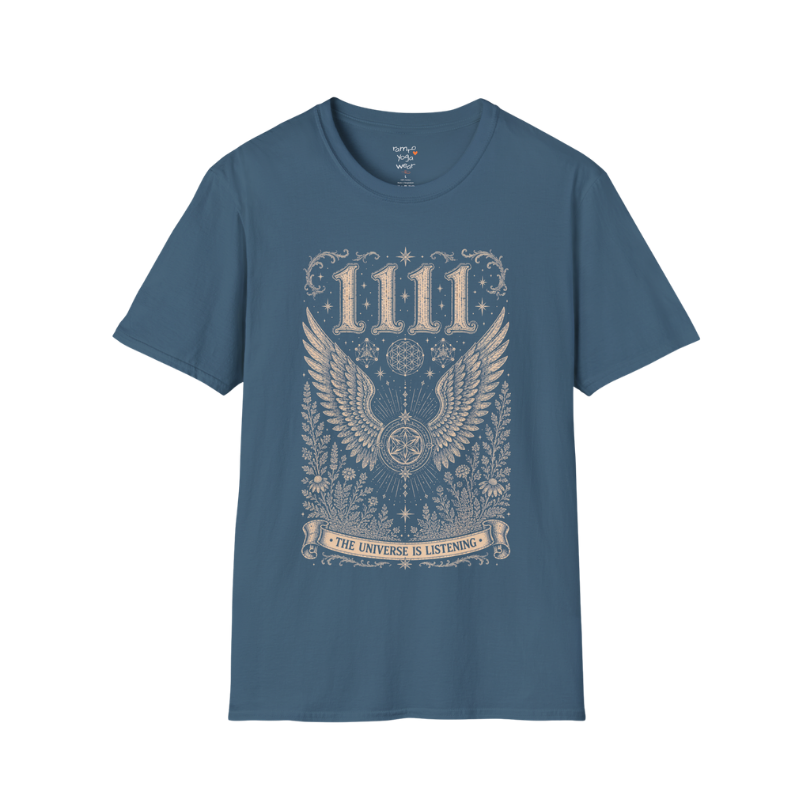 1111 angel wings sacred geometry mandala botanical engraving design — Dark Sacred Stillness collection by Ramro Yoga Wear in Indigo Blue
