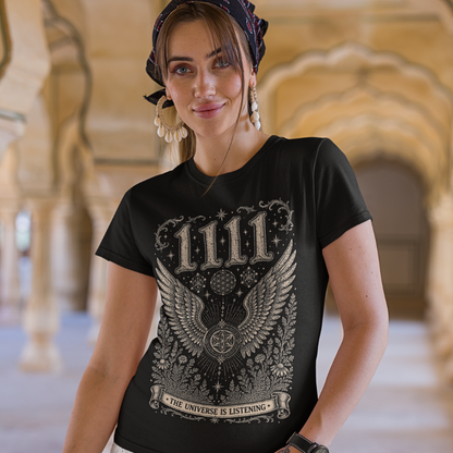 Woman wearing 1111 black angel number meditation shirt at temple archway — Dark Sacred Stillness collection by Ramro Yoga Wear