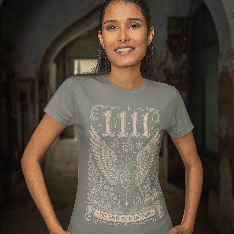 Woman wearing 1111 dark heather grey angel number meditation shirt — Dark Sacred Stillness collection by Ramro Yoga Wear