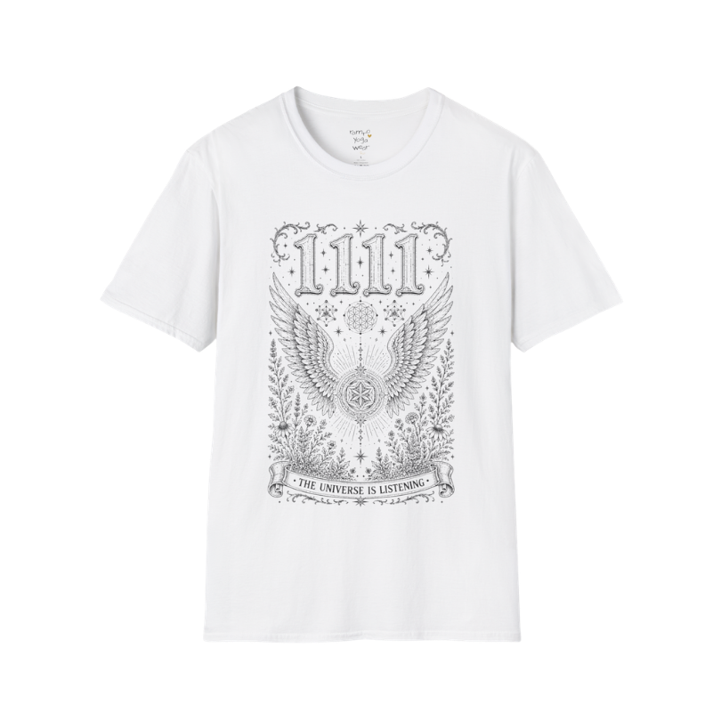 1111 angel wings sacred geometry mandala botanical engraving design — Dark Sacred Stillness collection by Ramro Yoga Wear in White