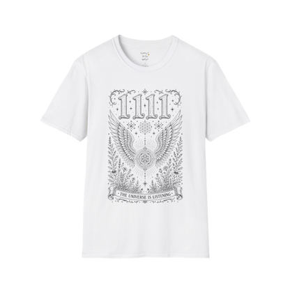 1111 angel wings sacred geometry mandala botanical engraving design — Dark Sacred Stillness collection by Ramro Yoga Wear in White
