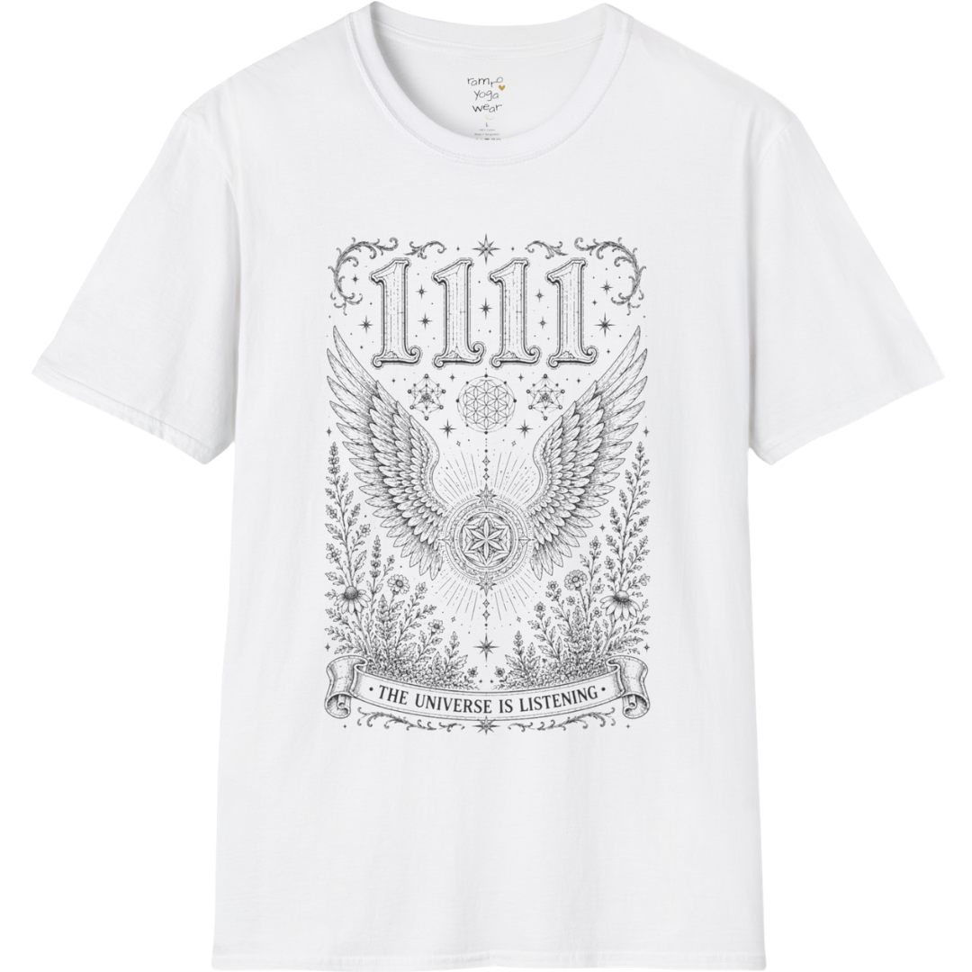 1111 angel wings sacred geometry mandala botanical engraving design — Dark Sacred Stillness collection by Ramro Yoga Wear in White