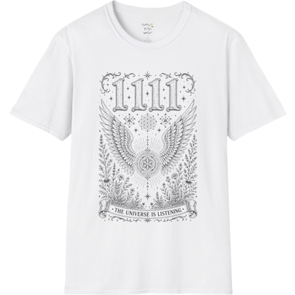 1111 angel wings sacred geometry mandala botanical engraving design — Dark Sacred Stillness collection by Ramro Yoga Wear in White