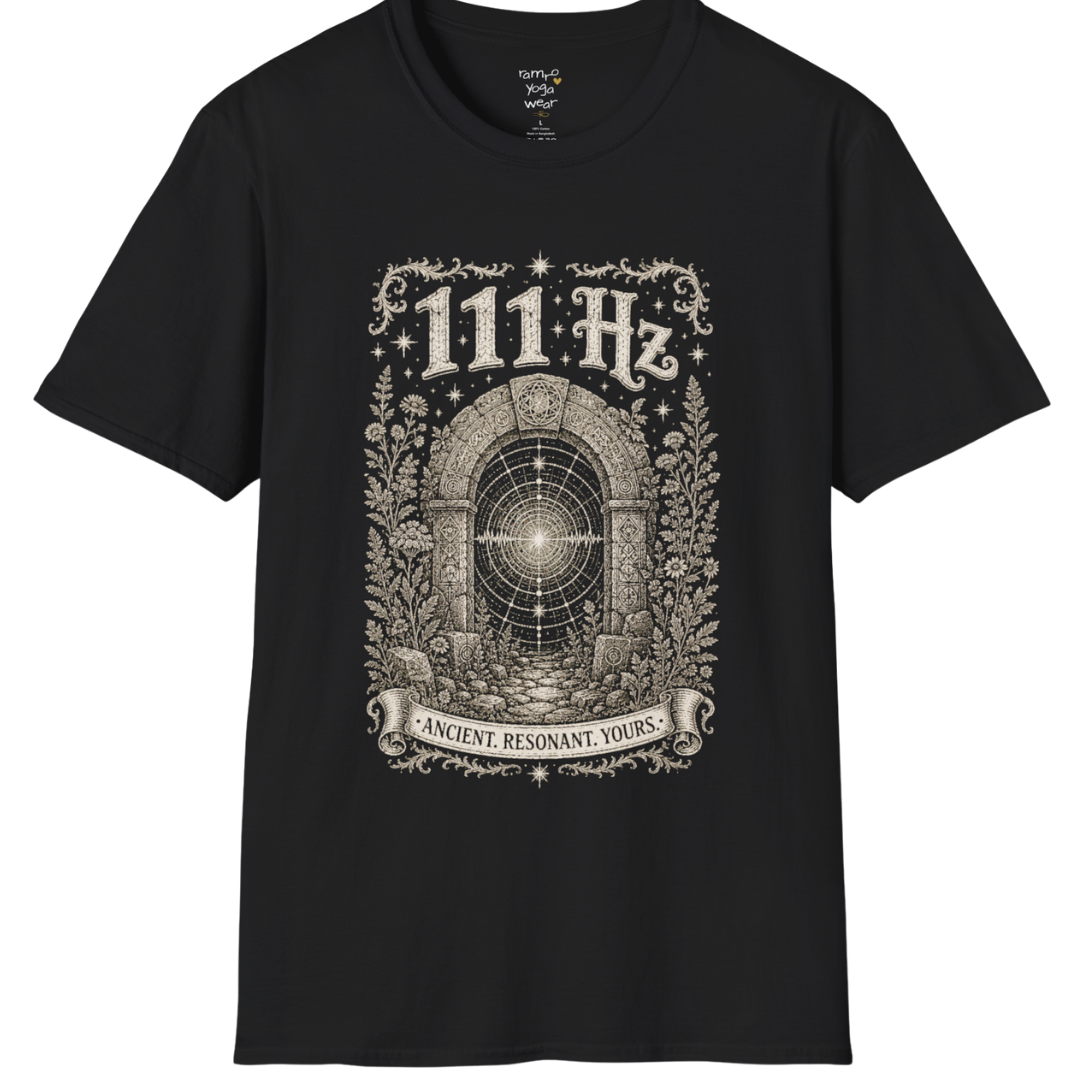 111 Hz T-Shirt with stone archway and sound wave design — Dark Sacred Stillness collection by Ramro Yoga Wear in black