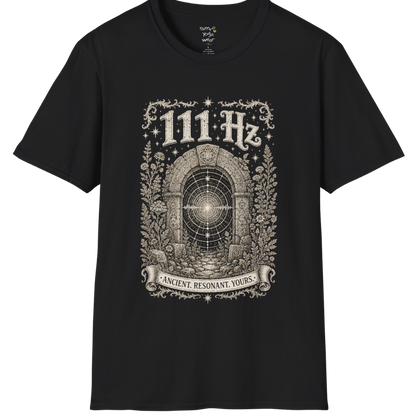 111 Hz T-Shirt with stone archway and sound wave design — Dark Sacred Stillness collection by Ramro Yoga Wear in black