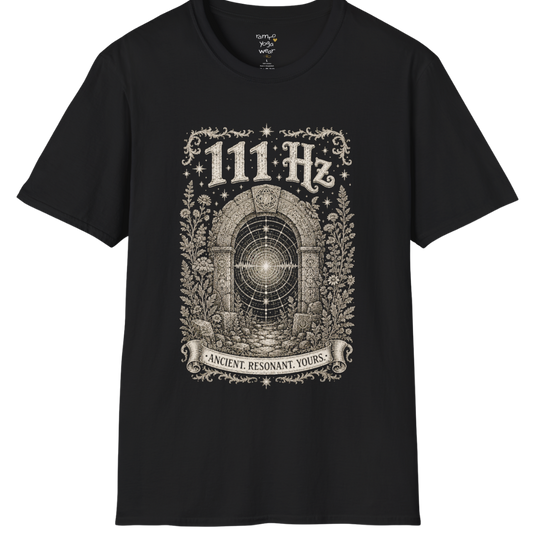 111 Hz T-Shirt with stone archway and sound wave design — Dark Sacred Stillness collection by Ramro Yoga Wear in black