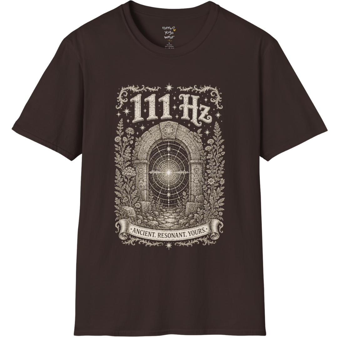 111 Hz T-Shirt with stone archway and sound wave design — Dark Sacred Stillness collection by Ramro Yoga Wear in Dark Chocolate